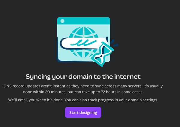 The image illustrates the process of syncing a domain to the internet with a visual representation and informative text.
