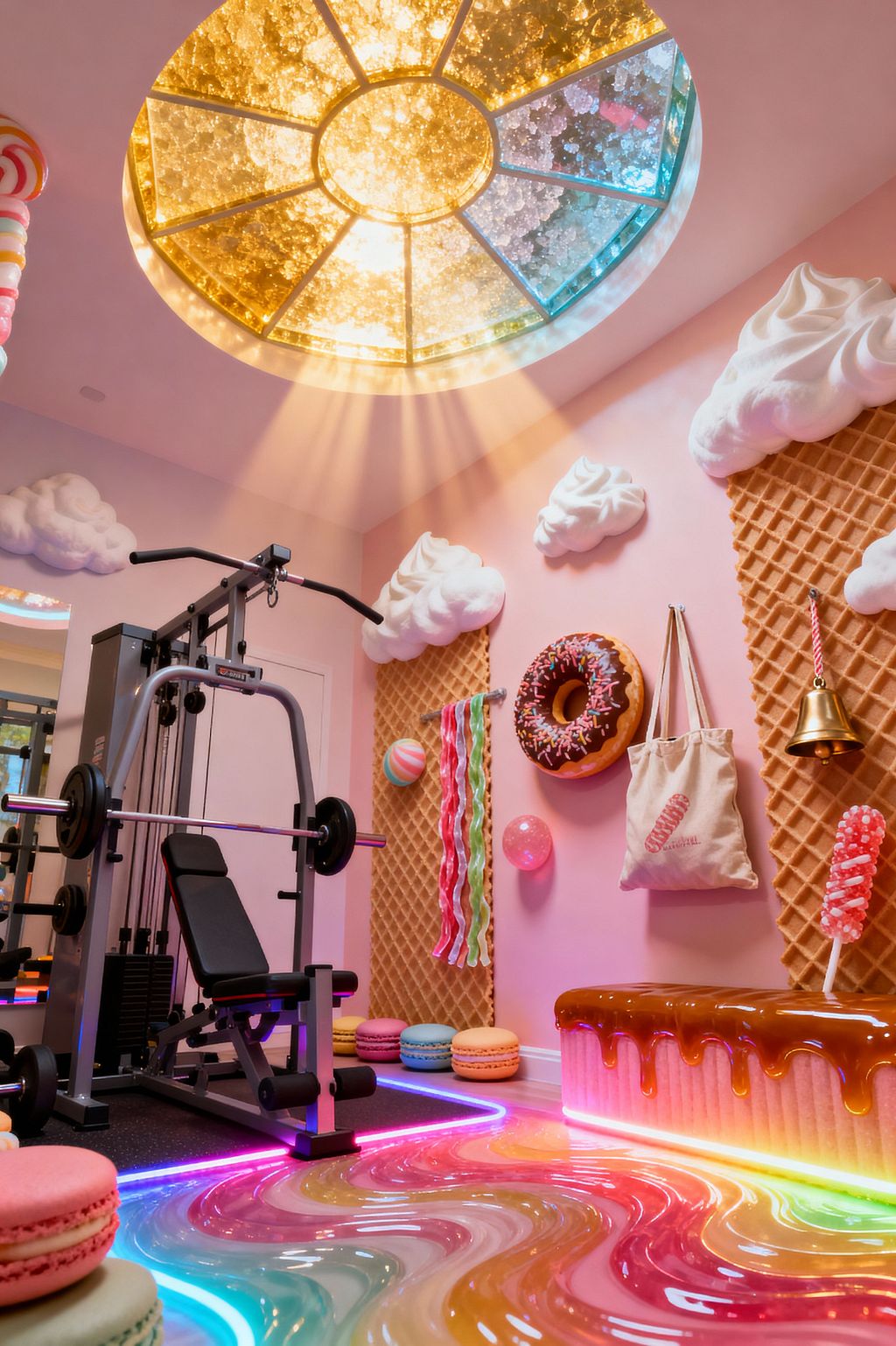 A candy-themed home gym features a multi-station weight machine on black rubber flooring beside a glossy rainbow-swirl epoxy floor highlighted by neon LED strips. Pink walls are decorated with waffle-cone panels, sculpted whipped-cream clouds, a sprinkle donut, lollipops, and pastel macaron accents. A caramel-topped bench sits near a mirrored opening, while a stained-glass dome skylight bathes the room in warm amber light for a playful yet functional workout space.