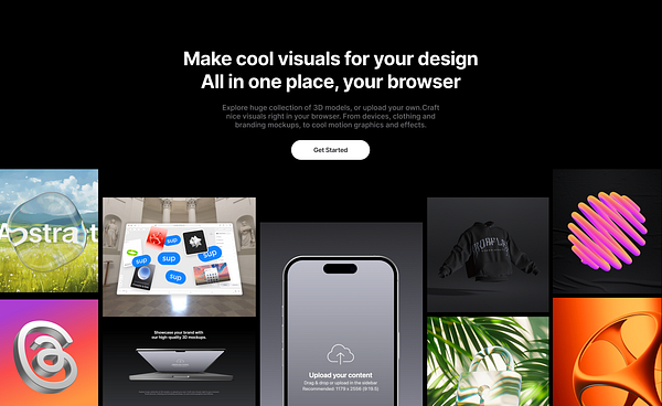 The image features a visually appealing layout promoting a design platform with various 3D visuals and a call to action.