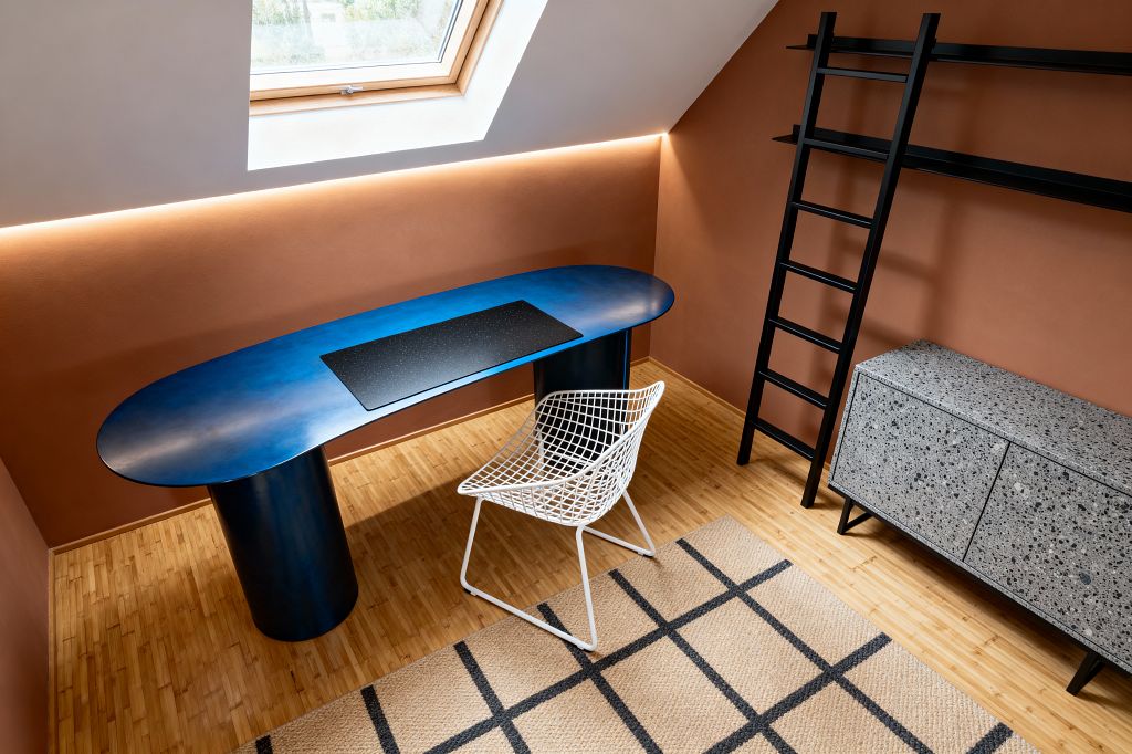 An angled-view attic home office features a long oval cobalt-blue desk with cylindrical legs, a black desk pad, and a white wire chair atop a natural jute rug with a black grid. Terracotta plaster walls glow with LED strip lighting beneath a skylight with wood trim, while a black ladder-style shelf and speckled gray terrazzo credenza sit on light bamboo flooring.