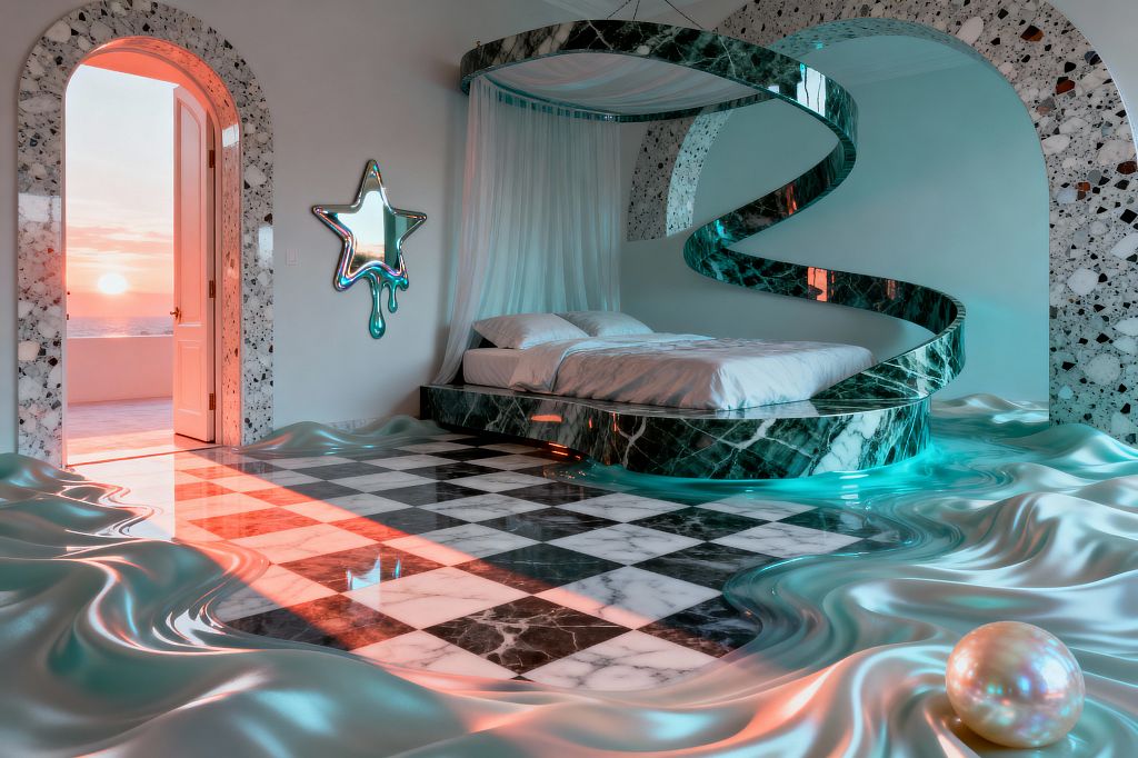 A surreal bedroom with a green marble platform bed under a spiraling canopy and sheer aqua drapery sits on a black-and-white checkerboard marble floor. Glossy resin resembling melted liquid pools around the tiles, an iridescent dripping star mirror hangs on a pale wall, terrazzo arches frame an open doorway to a sunset sea view, and teal underlighting mixes with warm coral light, reflecting off a pearl-like sphere placed on the floor.