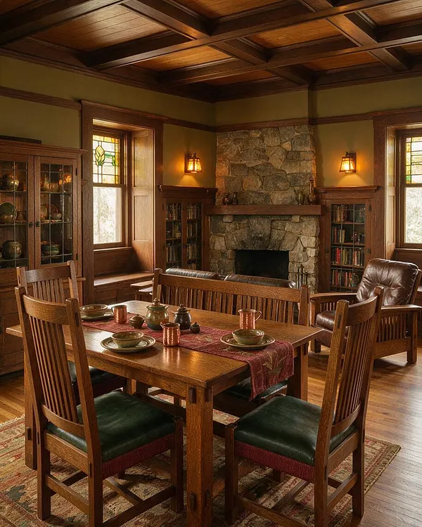 A Craftsman-style dining room with a rectangular wooden table and four slatted wood chairs with dark green seats. The room features a stone fireplace centered on the back wall, built-in glass-front cabinets, stained wood trim, leaded stained-glass windows, and a coffered wood ceiling, all in warm earthy tones.