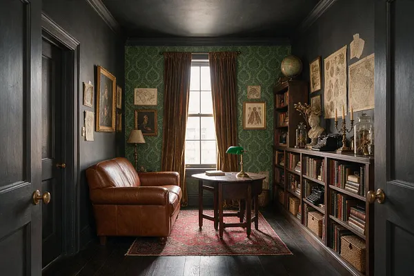 A compact studio apartment styled in Dark Academia with black walls, green damask wallpaper, and dark wood floors. The room features a brown leather armchair, a round wooden table with a green banker’s lamp, tall bookshelves filled with books and baskets, framed vintage artwork, and a red patterned rug centered beneath a bright window with brown curtains.