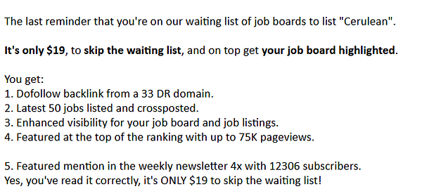 A promotional email highlighting the benefits of listing on job boards for a fee.