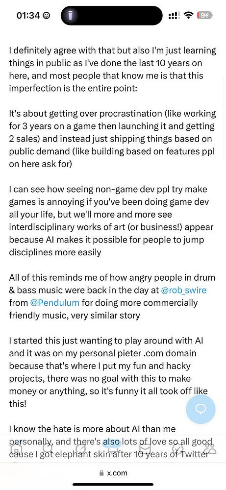 A social media post discussing the challenges of procrastination in game development and the impact of AI on creativity.