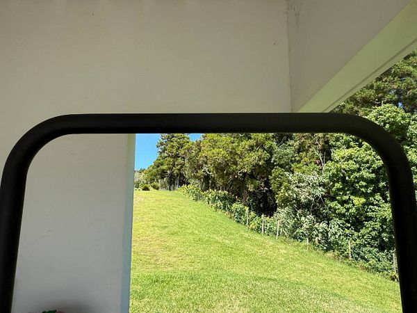 A view of a grassy area framed by a pull-up bar.