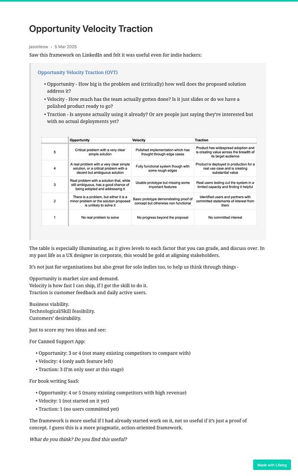 The image presents a framework for evaluating business opportunities, focusing on opportunity, velocity, and traction.