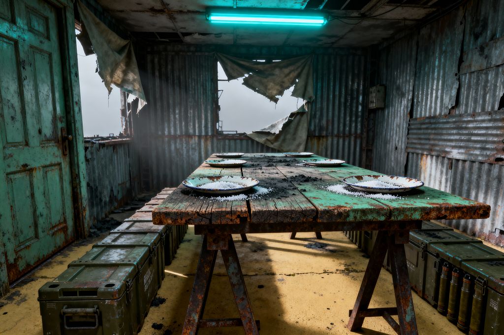 An abandoned dining space lined with corrugated metal panels shows heavy rust and weathering. A long, rough wood table with peeling teal paint sits on rusted steel sawhorses, set with chipped enamel plates scattered with white granules and soot. Olive drab military ammo boxes line both sides as benches. A torn canvas hangs over a broken window, where daylight cuts through dust, while a cyan fluorescent tube casts a cold glow over a stained yellow concrete floor.