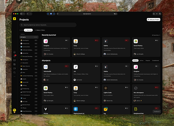 Screenshot of a project management interface showing a list of topics on the right sidebar.