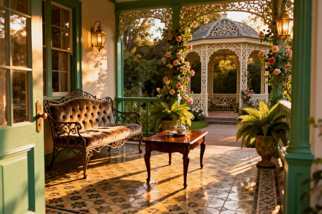 A Victorian-style veranda with sage-green trim features a tufted velvet wrought-iron settee and a polished wooden coffee table on patterned encaustic tiles. Brass wall lanterns illuminate potted ferns in urns, while climbing pink roses wind around porch posts leading to a white, filigree gazebo in the garden beyond; warm evening light casts long shadows and highlights the tea set on the table and the ornate metalwork.