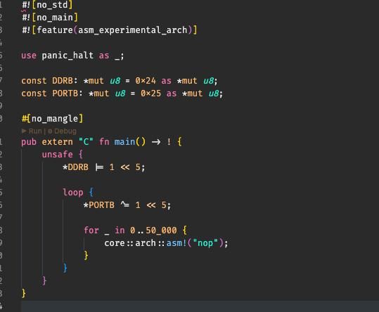 A code snippet written in Rust for blinking an LED on an AVR microcontroller.