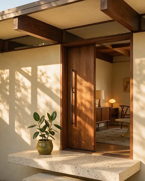 A Mid-Century Modern exterior entryway with a wood front door, exposed roof beams, and cream stucco walls. A terrazzo step holds a small potted plant, while warm sunlight casts soft shadows across the facade and into the cozy interior beyond the doorway.