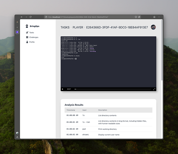 The image displays a user interface for a task management tool featuring a terminal window and analysis results.