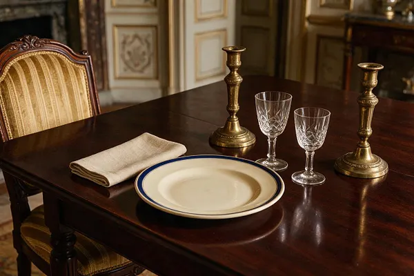 A traditional dining vignette with a dark polished wood table set with a cream plate edged in blue, a folded linen napkin, two cut-glass goblets, and two brass candlesticks. A striped upholstered chair with carved wood trim and a paneled wall with ornate detailing appear in the background.