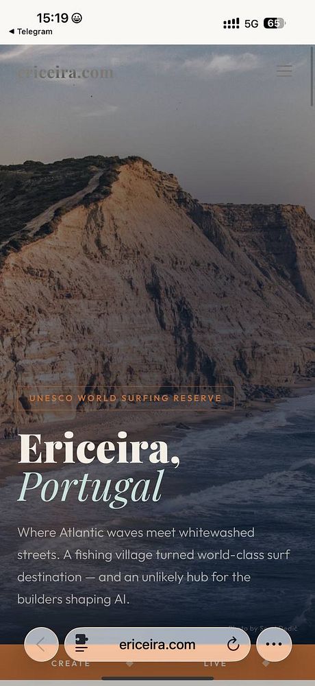 A website homepage for Ericeira, showcasing a scenic beach with surfers and a clean, modern design.