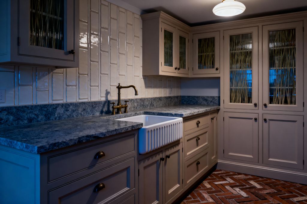 A traditional laundry room with greige Shaker cabinets and aged-brass hardware features a white apron-front sink with a fluted face set into blue-gray stone counters. Glossy cream vertical subway tiles line the wall, upper and pantry cabinets have reeded-glass doors, the floor is laid in red herringbone brick, and a round milk-glass ceiling light casts a warm glow.