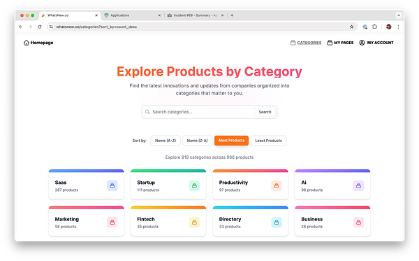 The image displays a web interface for exploring products categorized by type.