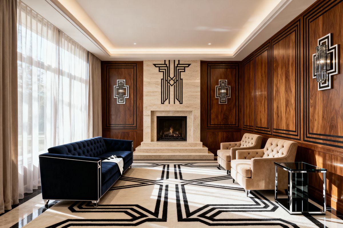 Room AI – Walnut and Travertine Art Deco Living Room - Interior Design