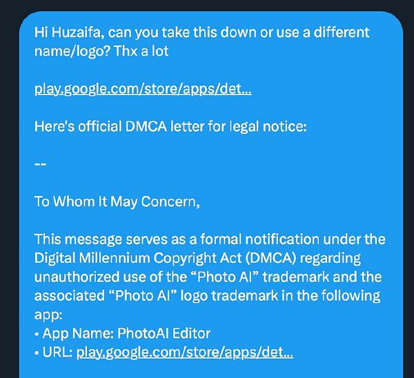 The image displays a message regarding a DMCA takedown request related to the 'Photo AI' logo and trademark infringement.