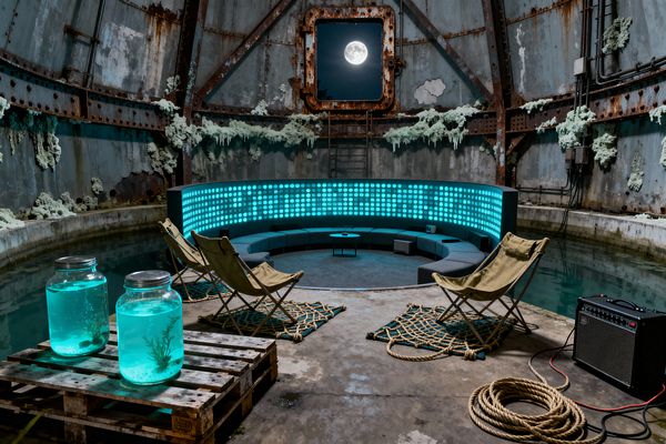 A circular media room is built inside a rusted steel silo, with a sunken charcoal modular sofa wrapped by a curved wall of cyan-glowing porthole lights. The concrete floor features canvas camp chairs on rope mats, a pallet-like surface with two large glass jars of luminous aqua liquid, a black guitar amplifier and coiled rope, while a ring of water and a corroded hatch framing a full moon create a moody, post-apocalyptic atmosphere.