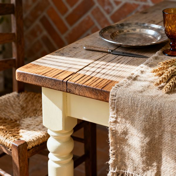 Close-up of a farmhouse dining table showing a weathered reclaimed-wood top with visible grain and a cream-painted turned leg, beside a wooden chair with a woven rush seat. Sunlight filters in stripes across a frayed burlap runner, an amber glass goblet, a pewter plate, and a simple knife, while a warm terracotta herringbone brick wall forms the background, emphasizing rustic textures, handcrafted details, and a cozy, timeworn atmosphere.