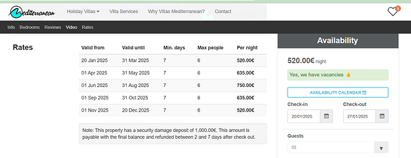 The image displays a rates and availability section for a villa rental website.