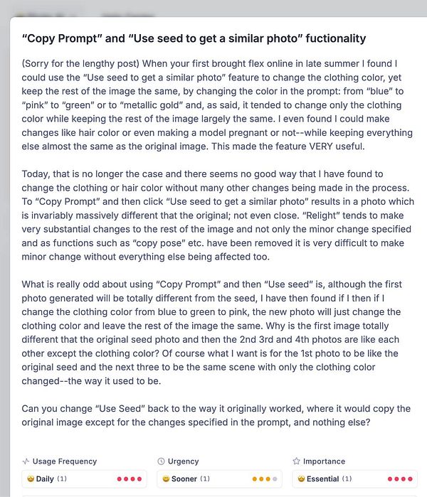 A detailed bug report discussing issues with the 'Copy Prompt' and 'Use seed to get a similar photo' features.