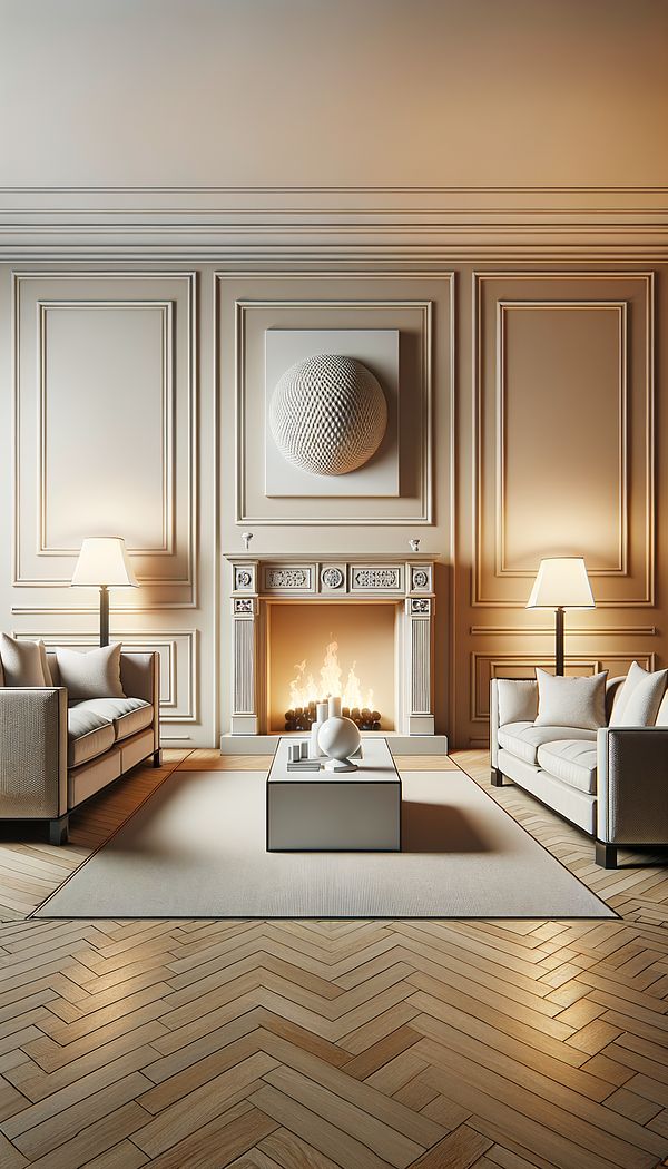 An elegantly designed living room showcasing perfect symmetry, with a central fireplace flanked by identical sofas, each accompanied by matching side tables and lamps.