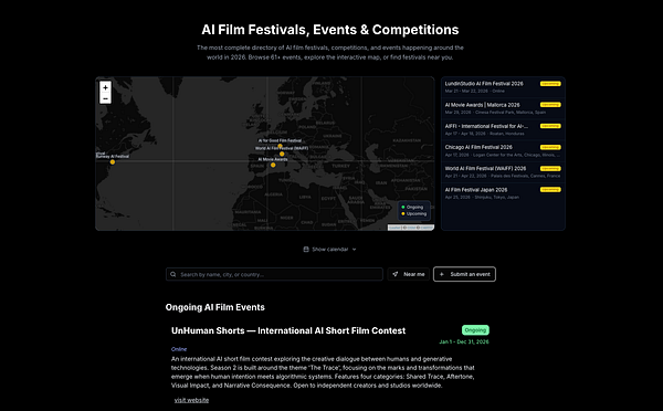 Webpage mockup for 'Melies Film Festival' featuring a hero banner, section headers, embedded video, and notes about improving AI festivals page layout.