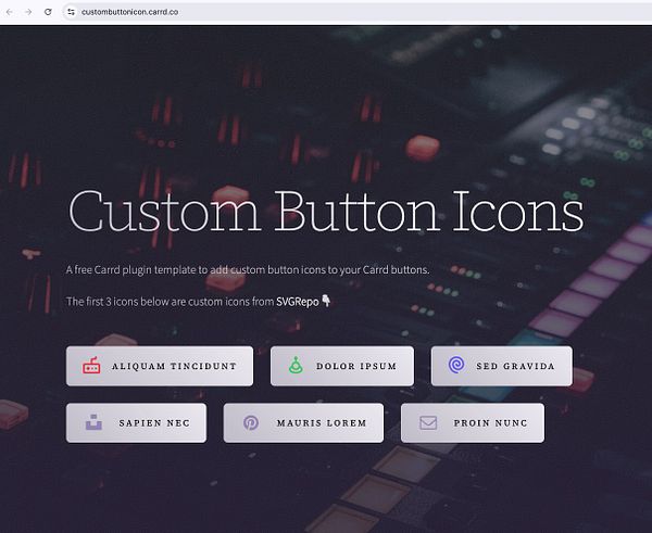 The image displays a webpage for a Carrd plugin featuring custom button icons.