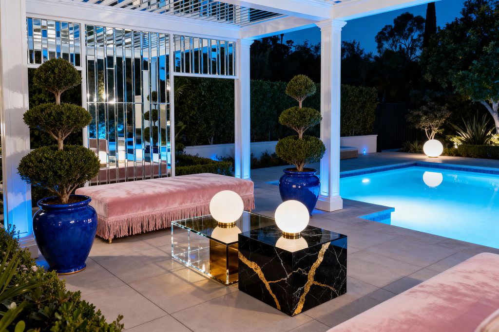 Evening view of a Hollywood Regency–style pool patio featuring a white pergola with vertical mirrored panels. Two long blush velvet benches with fringe sit beside low cocktail tables: one clear glass with brass accents, the other a black marble cube with dramatic gold veining. Frosted globe lamps rest on each table, echoed by glowing orbs around the turquoise-lit pool. Manicured topiary in glossy cobalt planters, porcelain pavers, and clipped hedges complete the glamorous, symmetrical setting.
