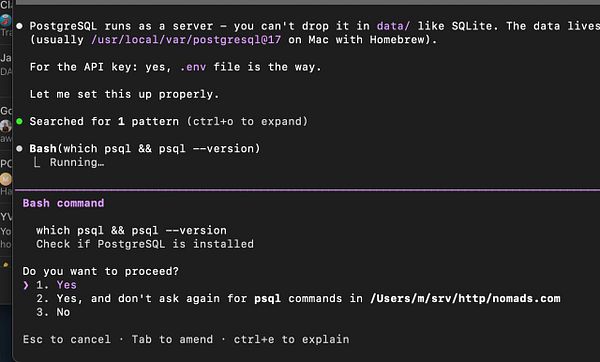 Diagram illustrating a data architecture with API connectors flowing data into a time series database (PostgreSQL) feeding into the Claude Code for analysis and the Nomads application.