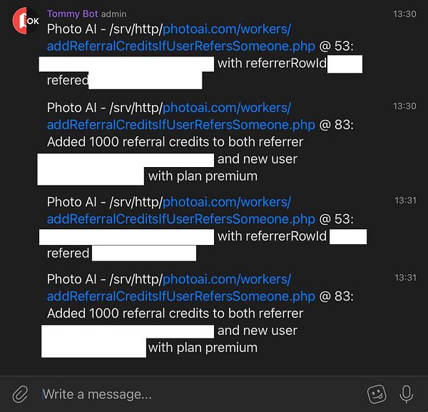 The image displays a chat interface showing logs related to a referral credit system.