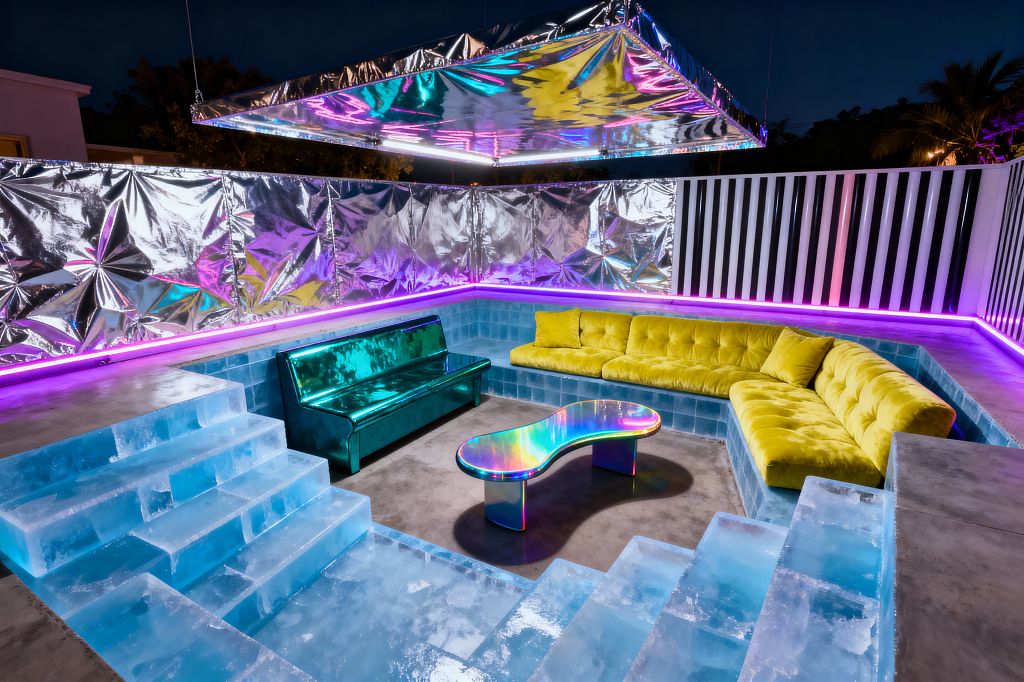 A sunken living room lined with blue tile and accessed by translucent, ice-blue steps centers around an iridescent kidney-shaped coffee table, a chartreuse tufted sectional, and a metallic teal bench. Crinkled silver foil wall panels and a reflective suspended canopy amplify magenta and cyan LED lighting, while a striped screen and concrete platform frame the vivid scene at night.