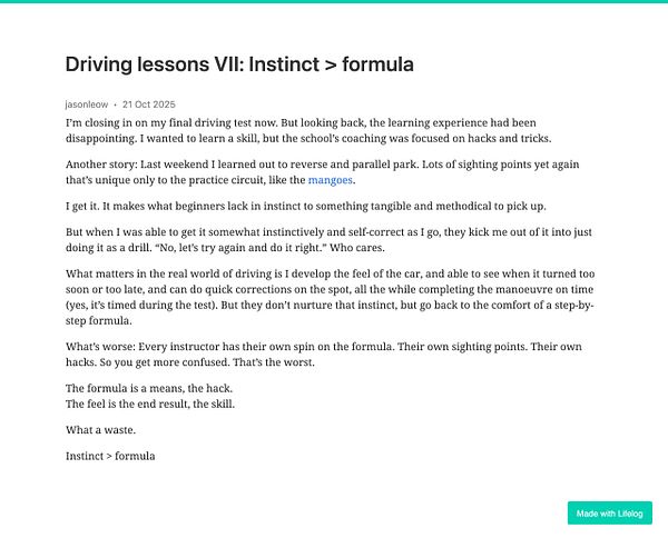 A blog post discussing the author's reflections on driving lessons and the importance of instinct over formulaic approaches.