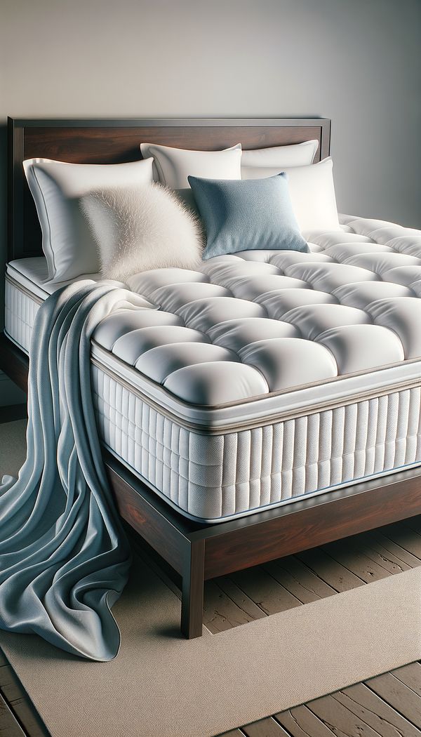 A plush white pillow top mattress set on a dark wooden bed frame, with fluffy white pillows and a light blue comforter folded at the foot of the bed.