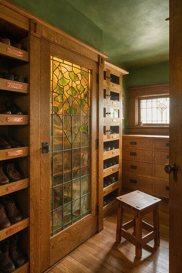 A compact Craftsman-style closet lined with warm oak built-ins, including shoe shelves on the left, glass-front storage on the right, and a central door featuring a leaded stained-glass panel with amber and green leaf-like shapes. A small wooden stool sits on the hardwood floor near a dresser, and the room is finished in earthy green walls and rich wood trim.