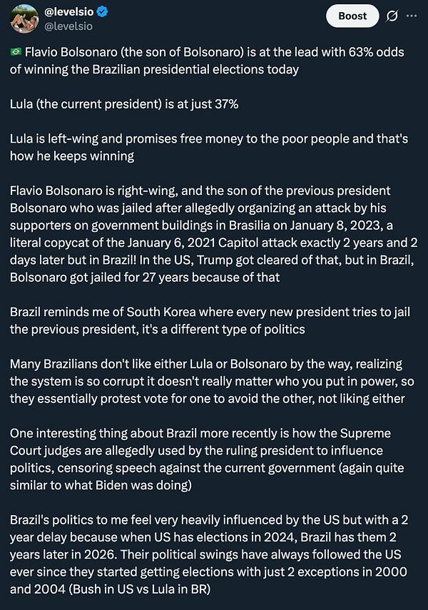 Twitter post by @levelsio discussing Brazil elections, comparing candidates Flavio Bolsonaro and Lula, with contextual political analysis.