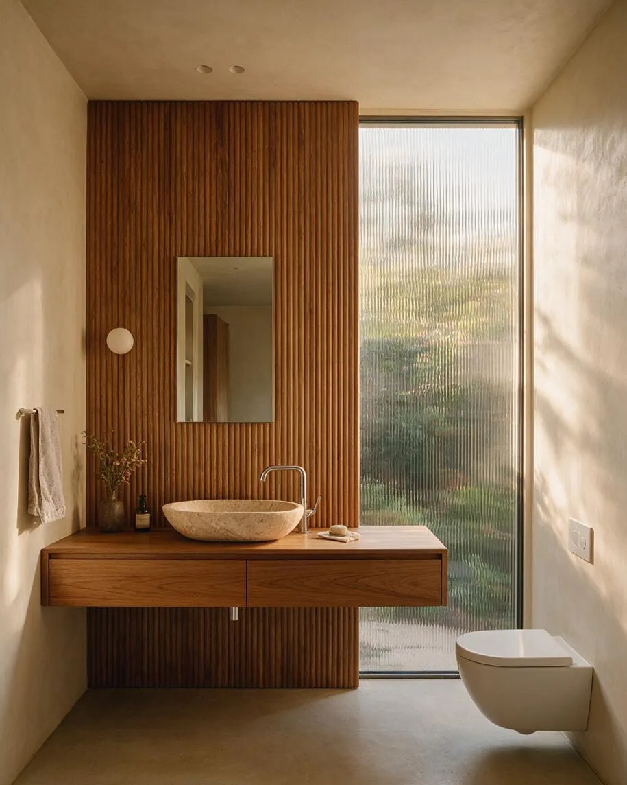 A modern powder room with a floating wood vanity, stone vessel sink, and a tall ribbed wood feature wall centered behind a rectangular mirror. Soft beige plaster walls, a frosted glass window, and a wall-mounted toilet create a calm, minimalist space filled with warm natural light.