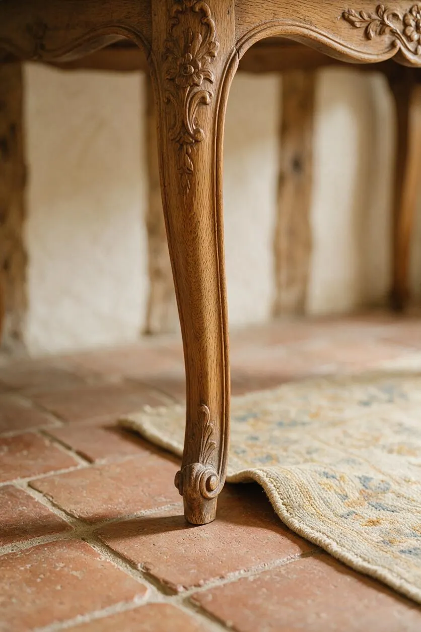 A close-up view of a carved wooden furniture leg with floral details, standing on warm terracotta floor tiles beside a muted patterned area rug. The background is softly blurred, suggesting a rustic French Country interior with natural textures and aged finishes.