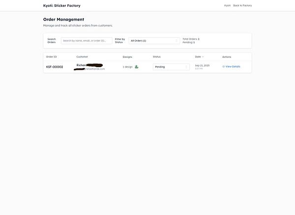 The image displays an order management interface for the Kyoti Sticker Factory.