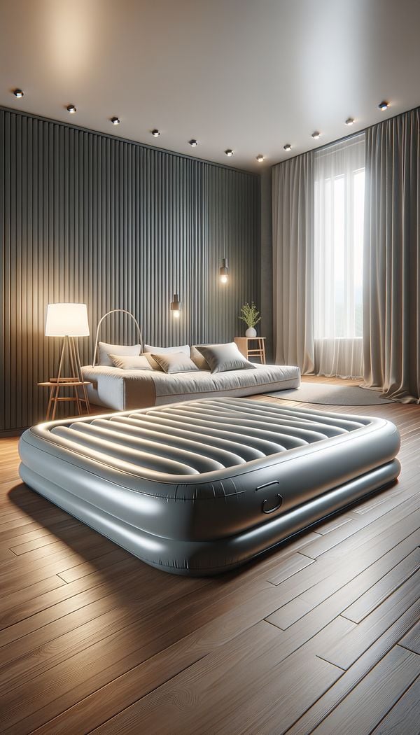 an inflated air bed set up in a cozy room with soft lighting, showcasing its practicality and comfort