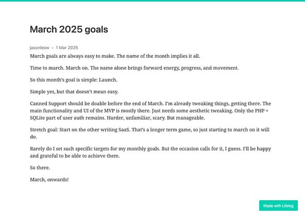 A detailed list of goals for March 2025, focusing on launching a project and additional tasks.