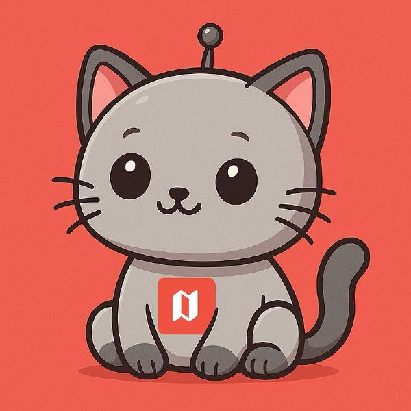 A cute cartoon cat character designed for a bot, featuring a playful expression and a logo on its chest.