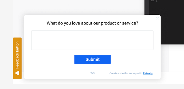 A feedback survey interface is displayed, prompting users for their opinions on a product or service.