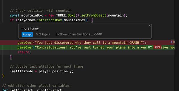 The image displays a code snippet related to a game collision detection and humorous game-over messages.