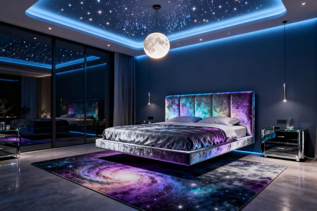 A contemporary bedroom features a fiber‑optic star ceiling with blue cove lighting and a large spherical moon pendant centered above a low, floating bed upholstered in iridescent galaxy‑hued velvet and dressed in silver bedding. A galaxy‑print rug sits on polished concrete floors, flanked by mirrored nightstands and sliding mirror wardrobe doors, while slim pendant lights and under‑bed LEDs create a glowing, cosmic ambience against deep navy walls.
