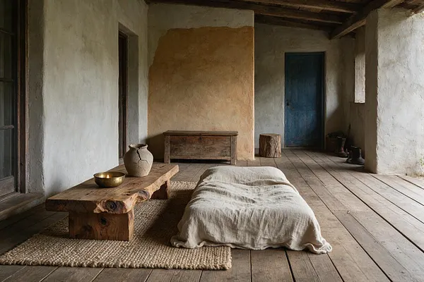 A rustic front porch with weathered wood floors, rough plaster walls, and an aged timber ceiling. Low natural furnishings include a raw wood table, woven rug, linen floor cushion, ceramic vase, and brass bowl, with a muted blue door in the background.