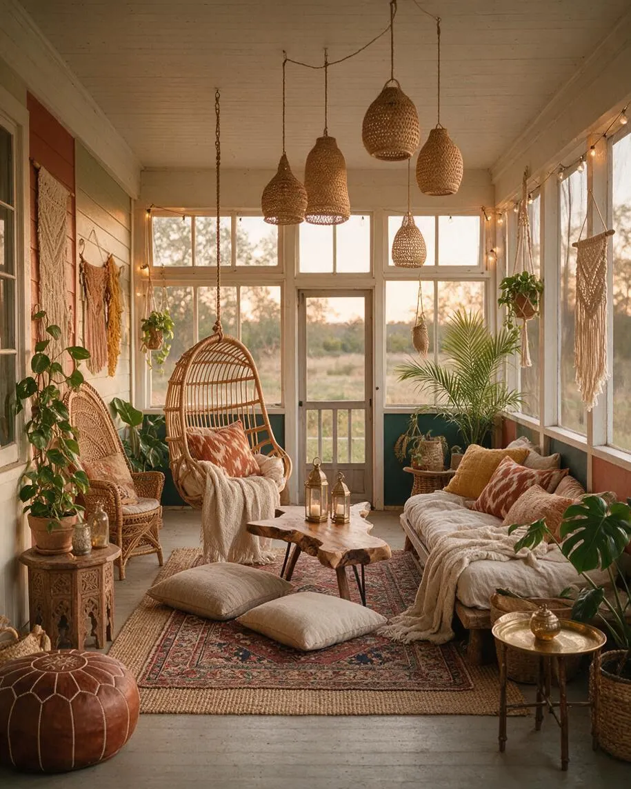 A cozy front porch enclosed with large windows and a glass door, styled with bohemian decor. The space features a rattan hanging chair, a low wood coffee table, layered rugs and cushions, wicker seating, hanging woven pendant lights, potted greenery, and macramé wall hangings in warm earthy tones.