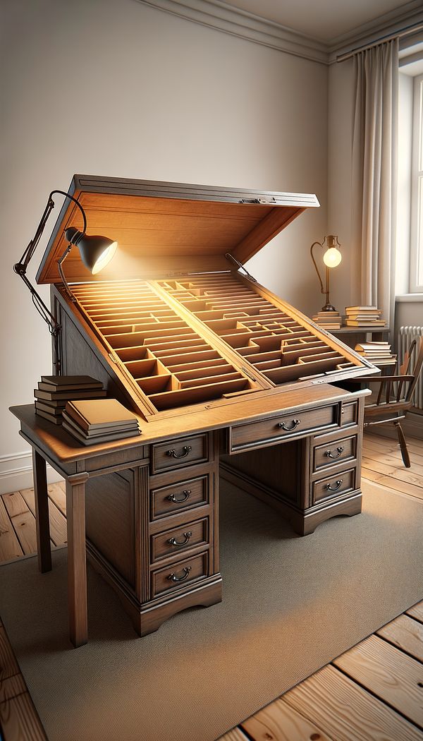 a slant-front desk in a home office, the desk top opened to reveal the internal compartments, with a vintage lamp and a stack of books beside it